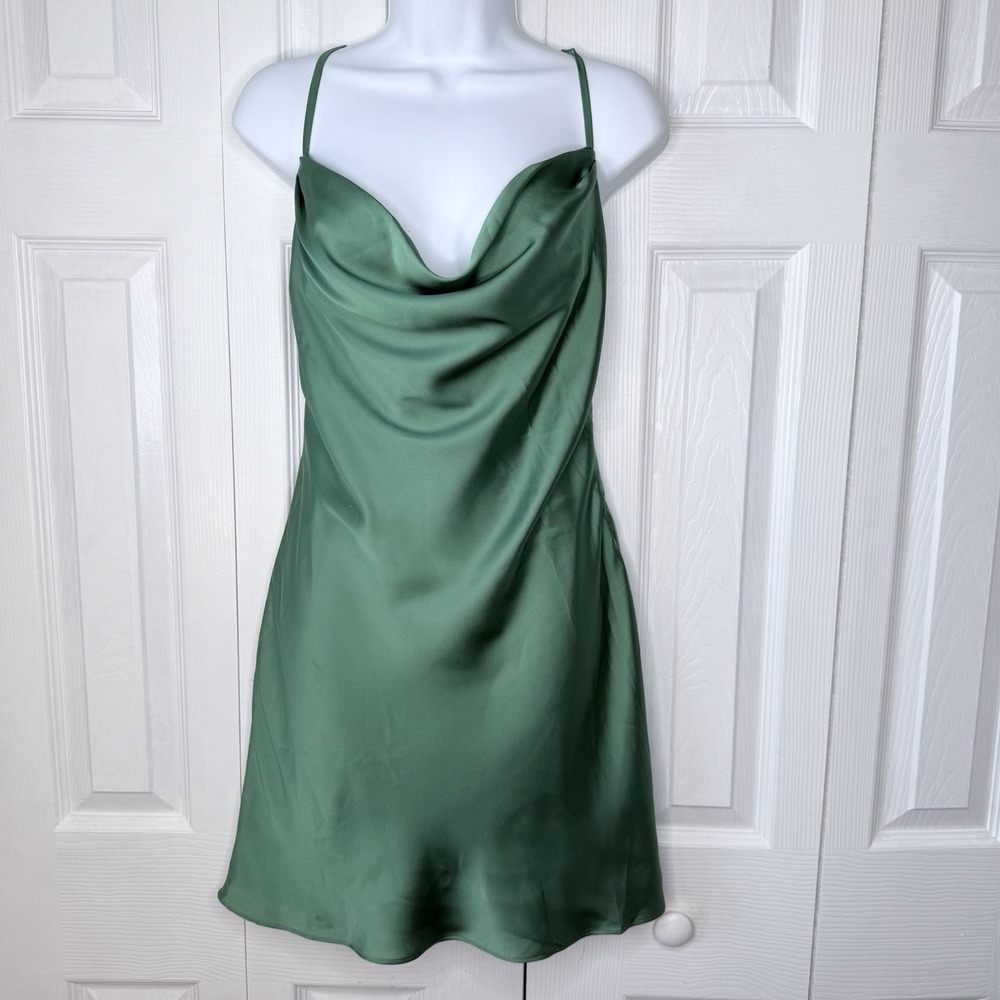 NWT Lovers + Friends Boa Mini Dress‎ Green Satin Cowl Neck Backless Revolve  M